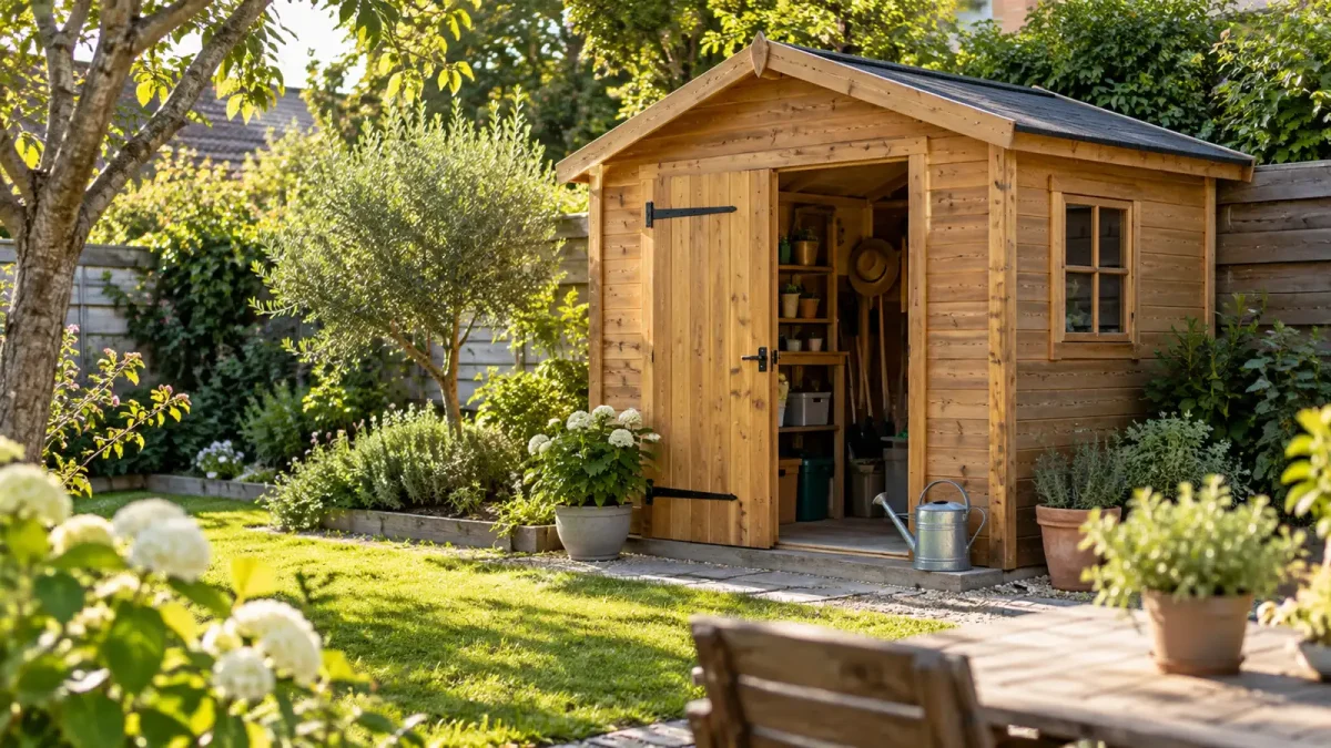 Petit abri de jardin placé près d’une clôture avec un plan d’implantation au premier plan.