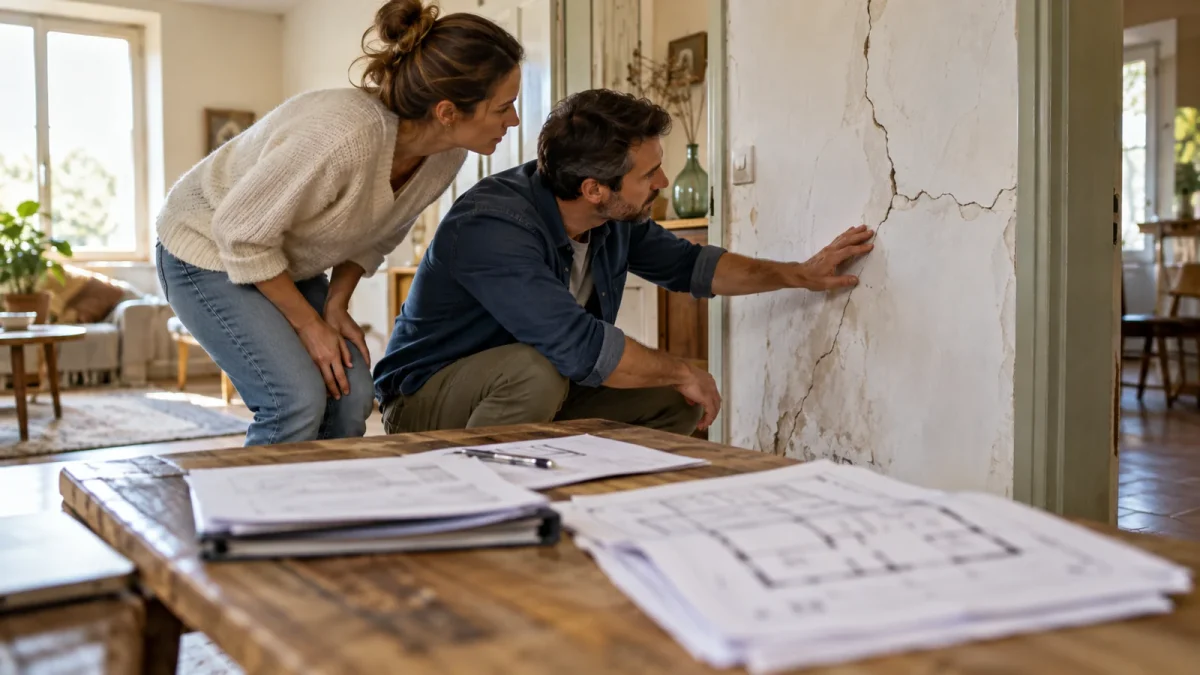 Deux personnes examinant une pièce et un dossier de travaux dans une maison.