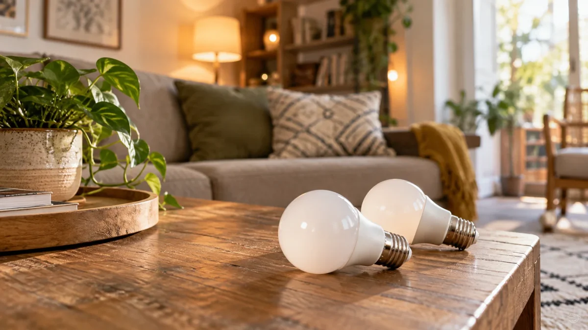 Ampoules LED de formes différentes dans un salon avec éclairage chaud et froid.