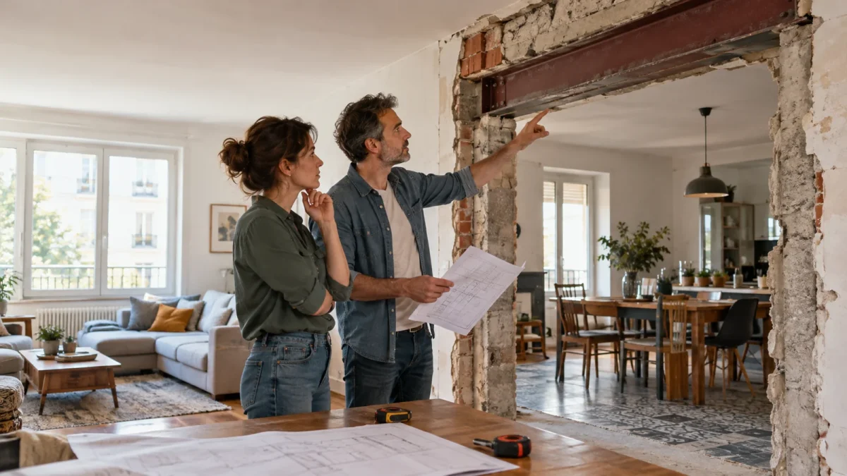 Appartement en rénovation avec mur séparant cuisine et séjour et plans sur une table.