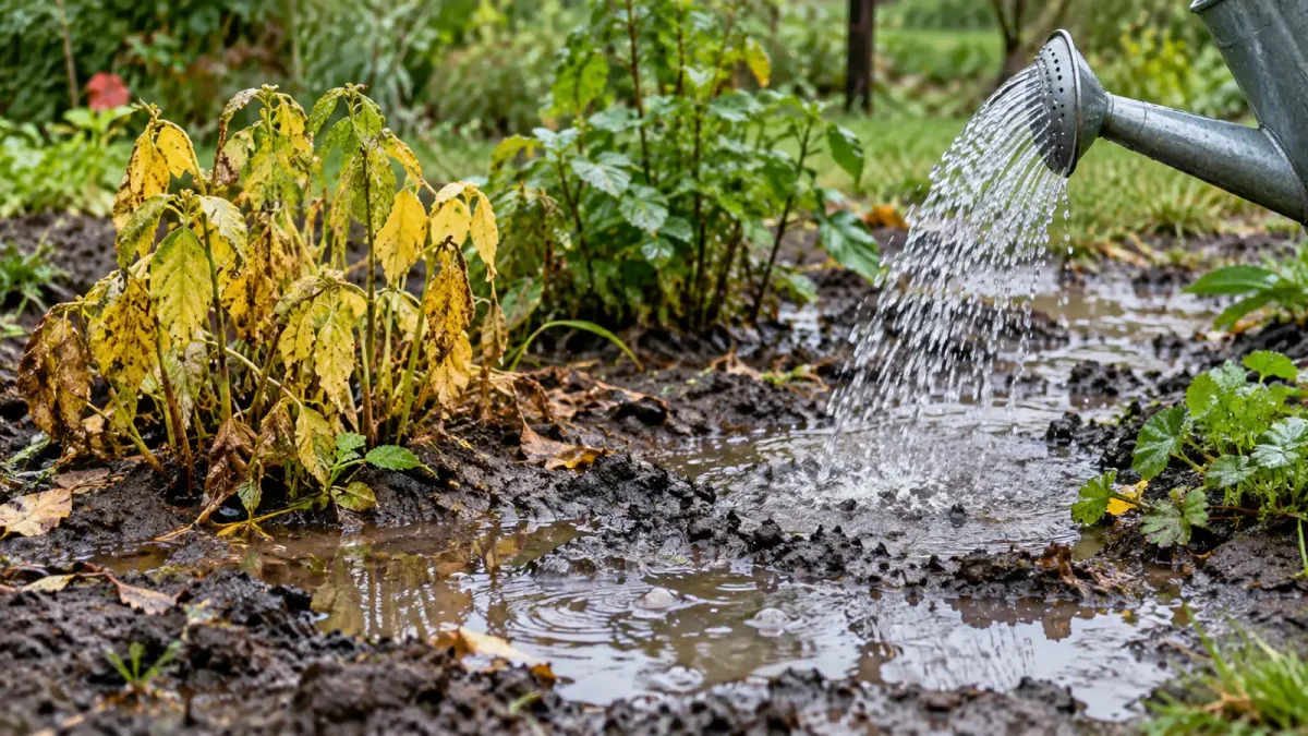 Sol de jardin gorgé d’eau autour d’une plante au feuillage jaunissant.