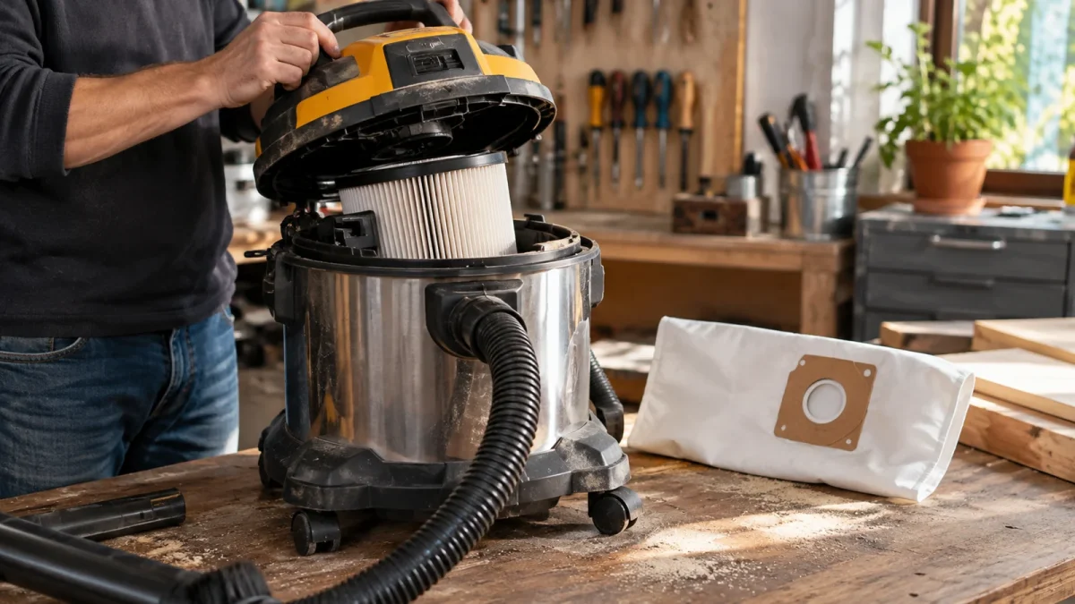 Aspirateur eau et poussière ouvert avec cuve, sac et filtre visibles sur un sol sec.
