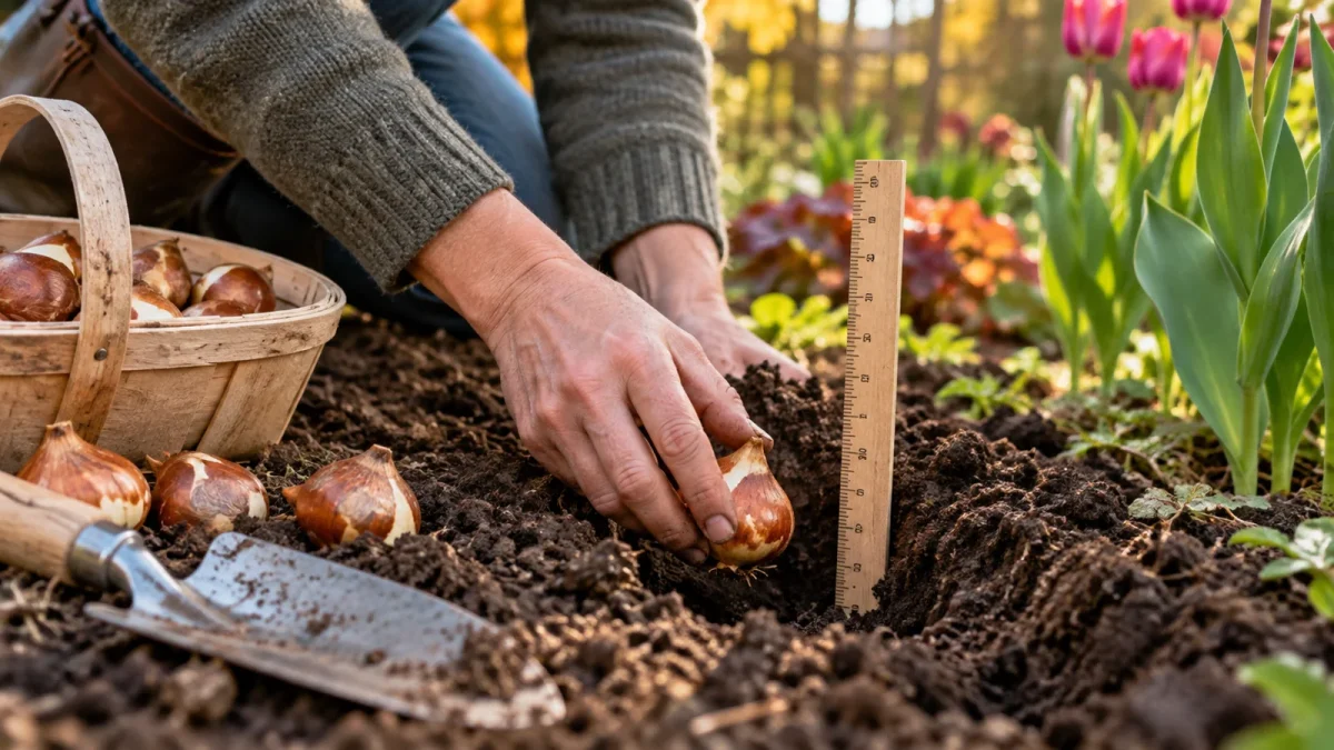 Une main plante un bulbe dans la terre avec un repère de mesure à côté.