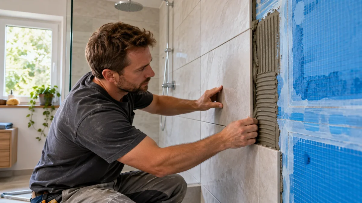 Douche carrelée avec un angle de paroi et un receveur, dans une salle de bains lumineuse.