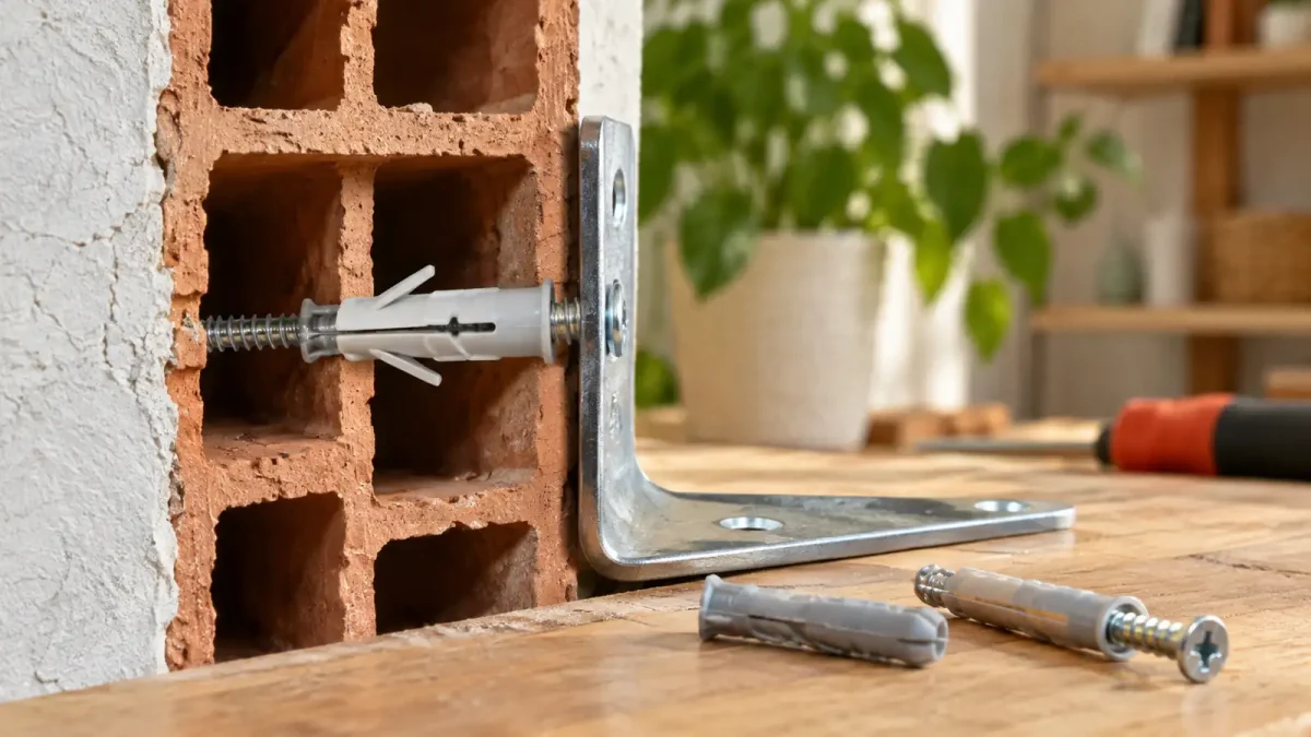 Fixation métallique dans une section de mur creux, avec outils posés à côté.