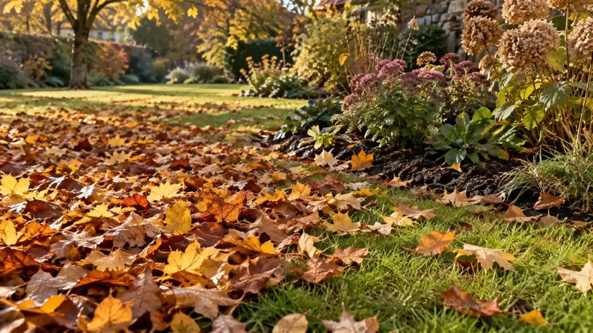 Feuilles mortes sur une pelouse à côté d’un massif de jardin.