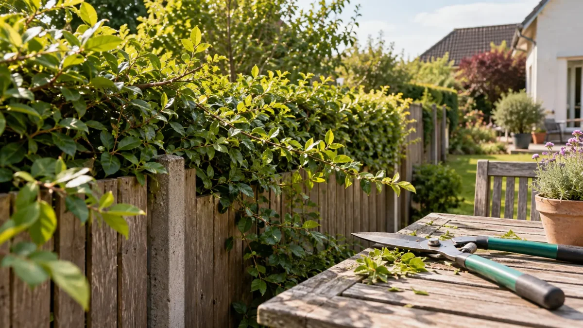 Haie dépassant au-dessus d’une clôture entre deux jardins avec taille-haie posé au sol.