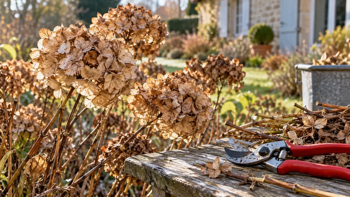 Fleurs fanées d’un hortensia avec un sécateur posé à proximité.