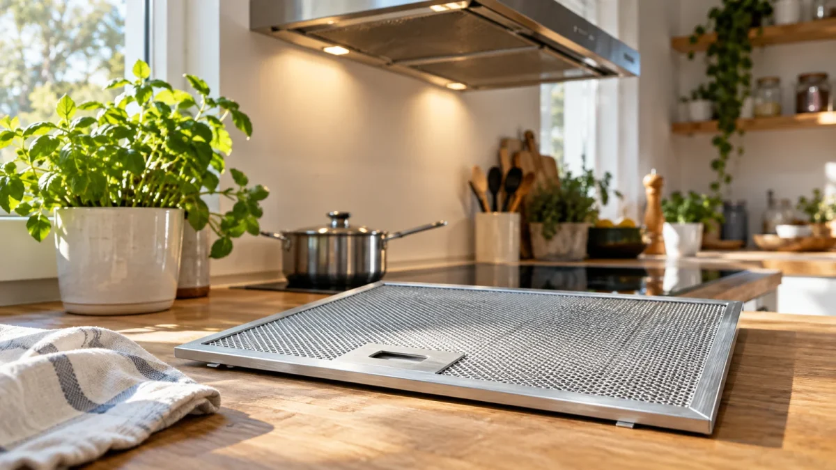Filtres métalliques d’une hotte de cuisine démontés sur un plan de travail propre.