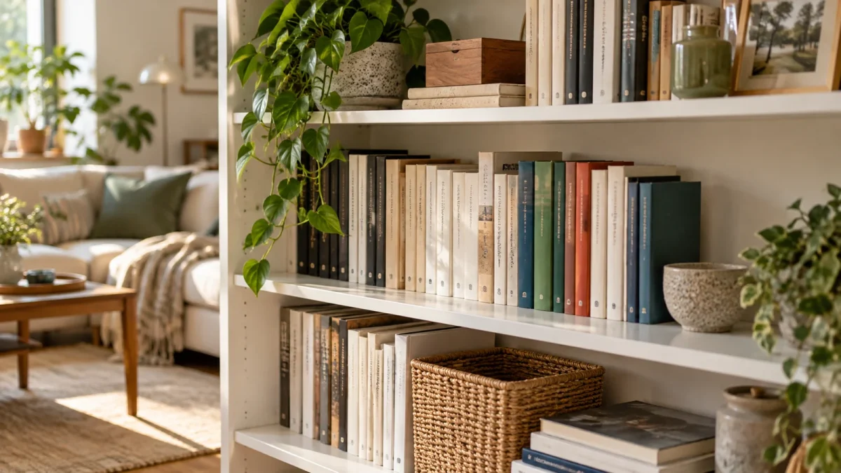 Bibliothèque remplie de livres avec une tablette et ses supports visibles.