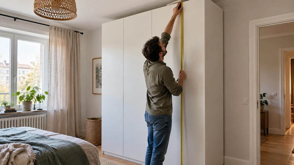 Grande armoire de rangement en montage dans une chambre avec plafond bas et mètre.