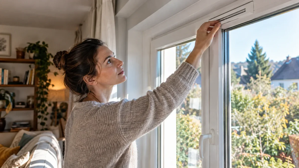 Fenêtre neuve avec condensation sur le vitrage intérieur dans une pièce habitée.