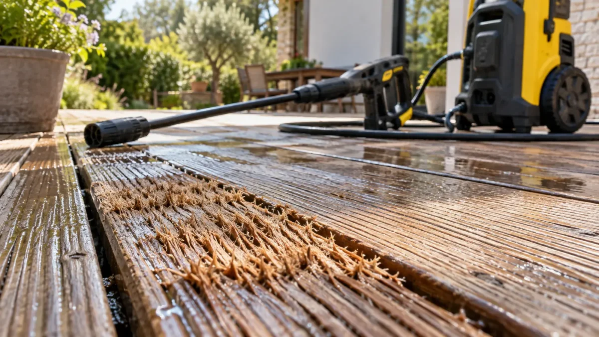 Terrasse en bois avec une zone nettoyée et un nettoyeur posé à proximité.