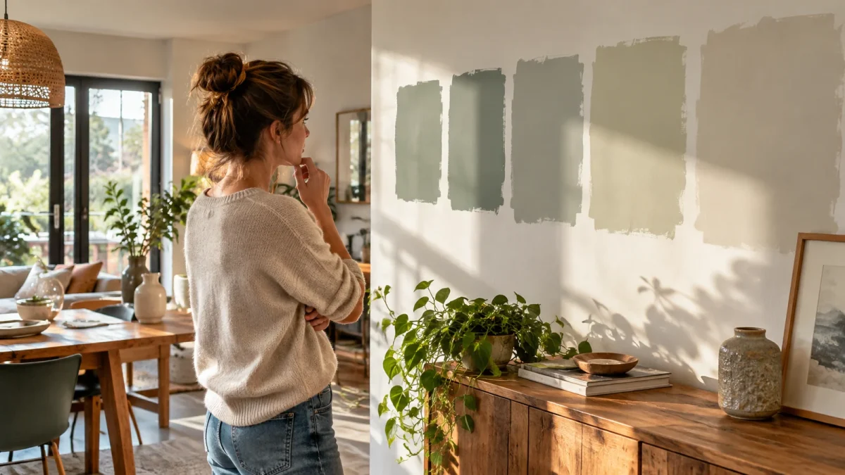 Échantillons de peinture sur un mur de salon éclairé par une fenêtre et une lampe.
