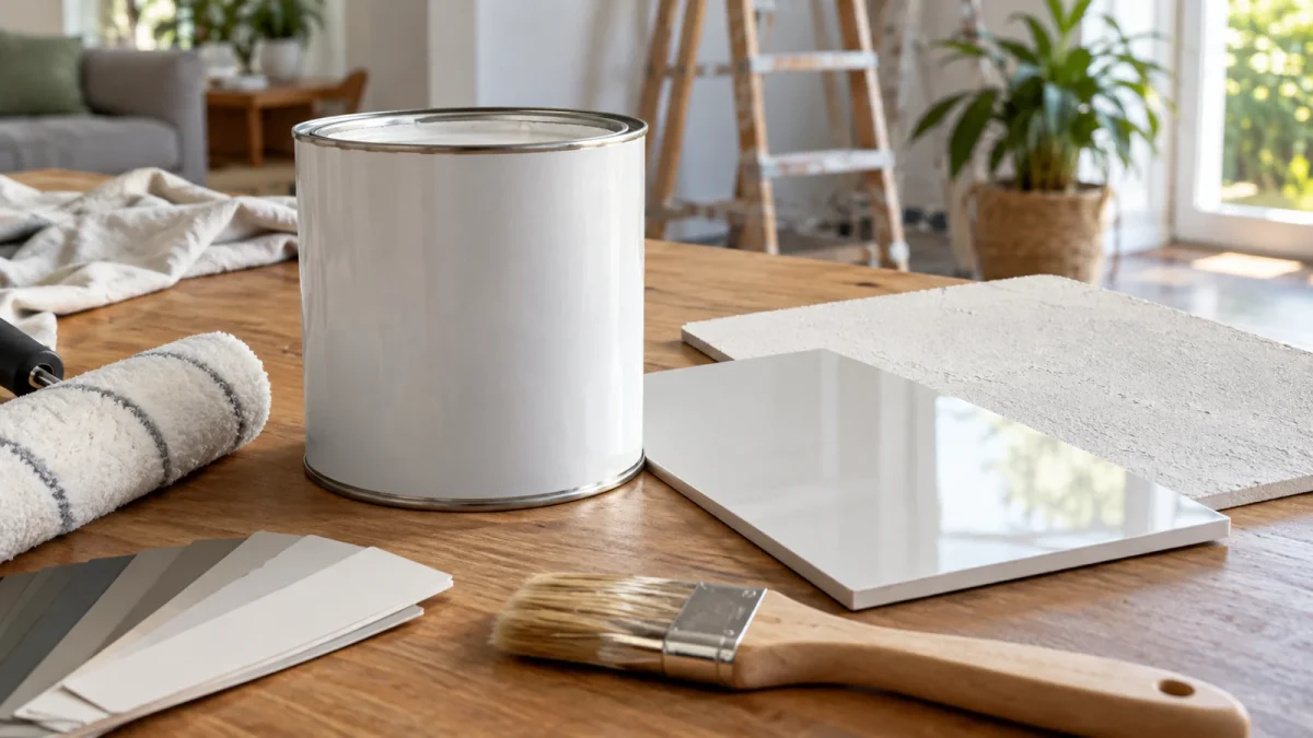 Pot de sous-couche sans marque à côté d’un échantillon de mur et d’un panneau lisse.