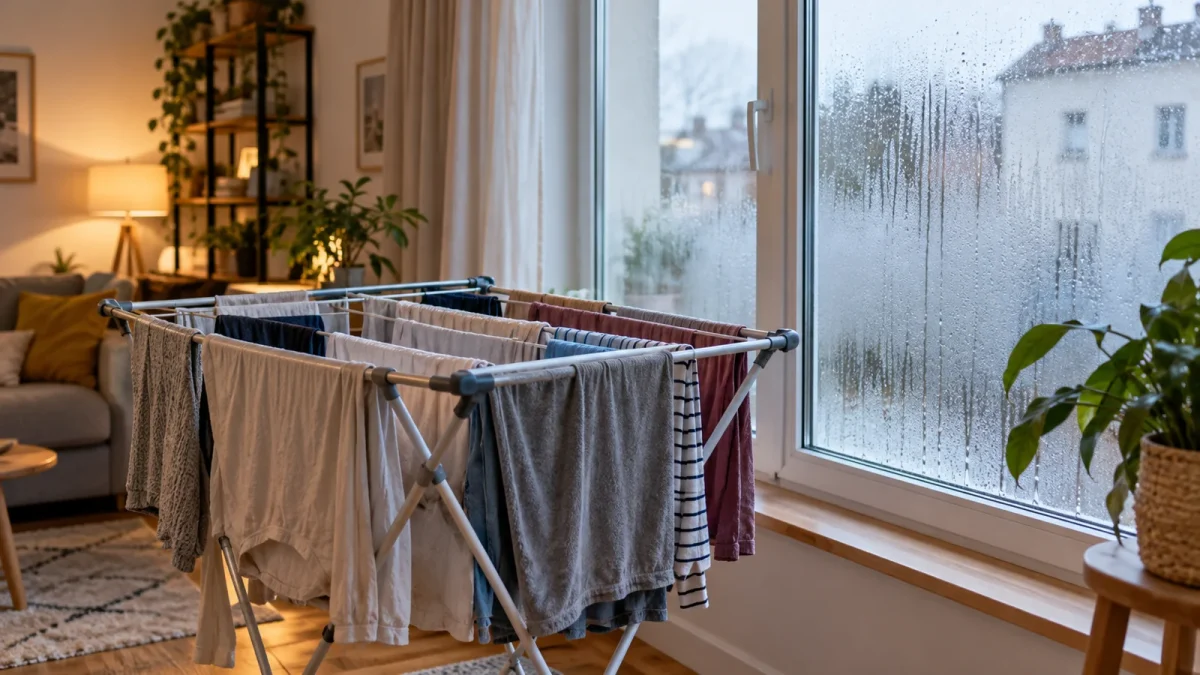 Linge sur un étendoir dans un salon, près d’une fenêtre présentant de la buée.