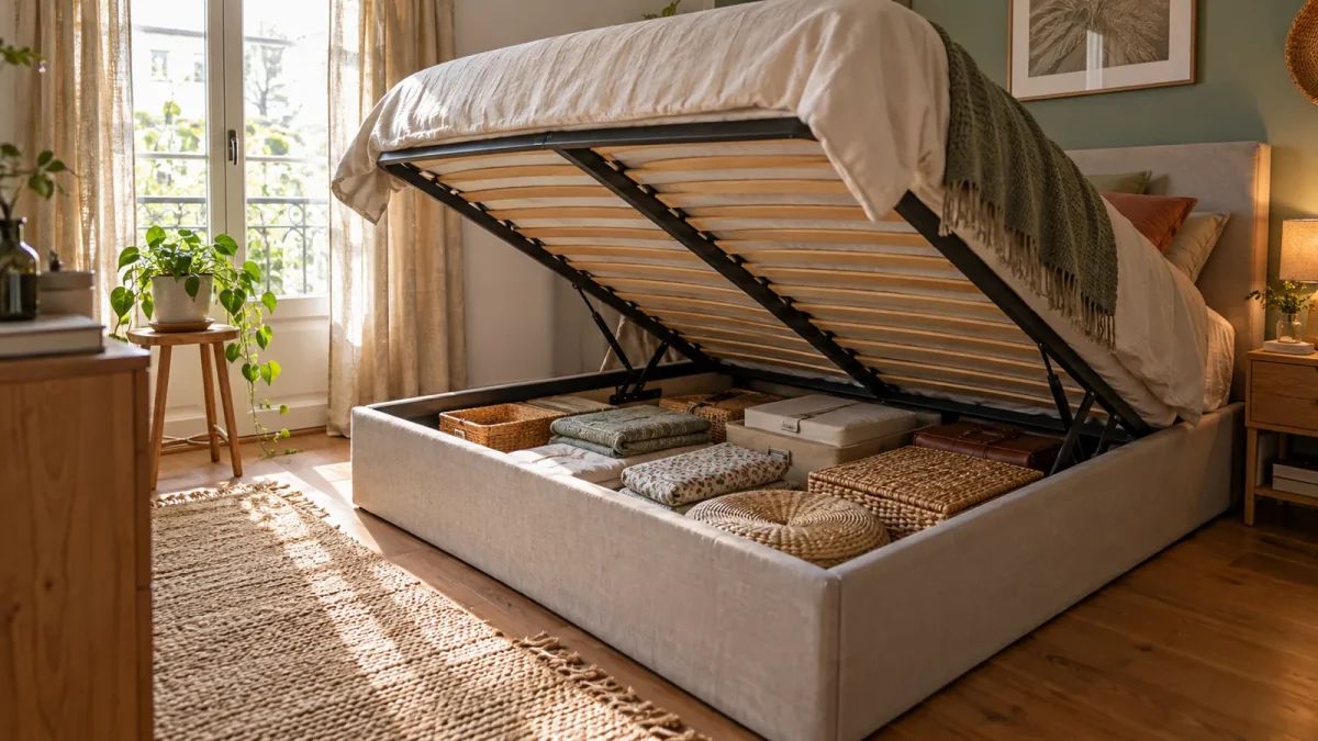 Lit coffre ouvert dans une chambre compacte avec rangements sous le sommier.