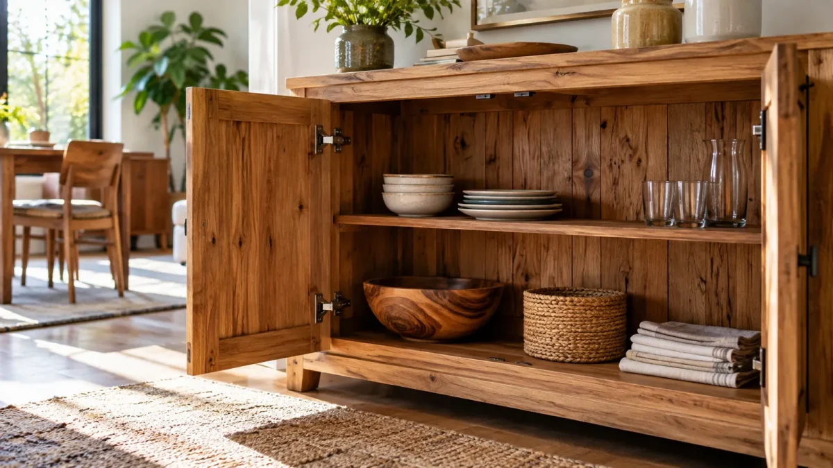 Buffet en bois avec porte ouverte révélant le plateau, les côtés et le fond.