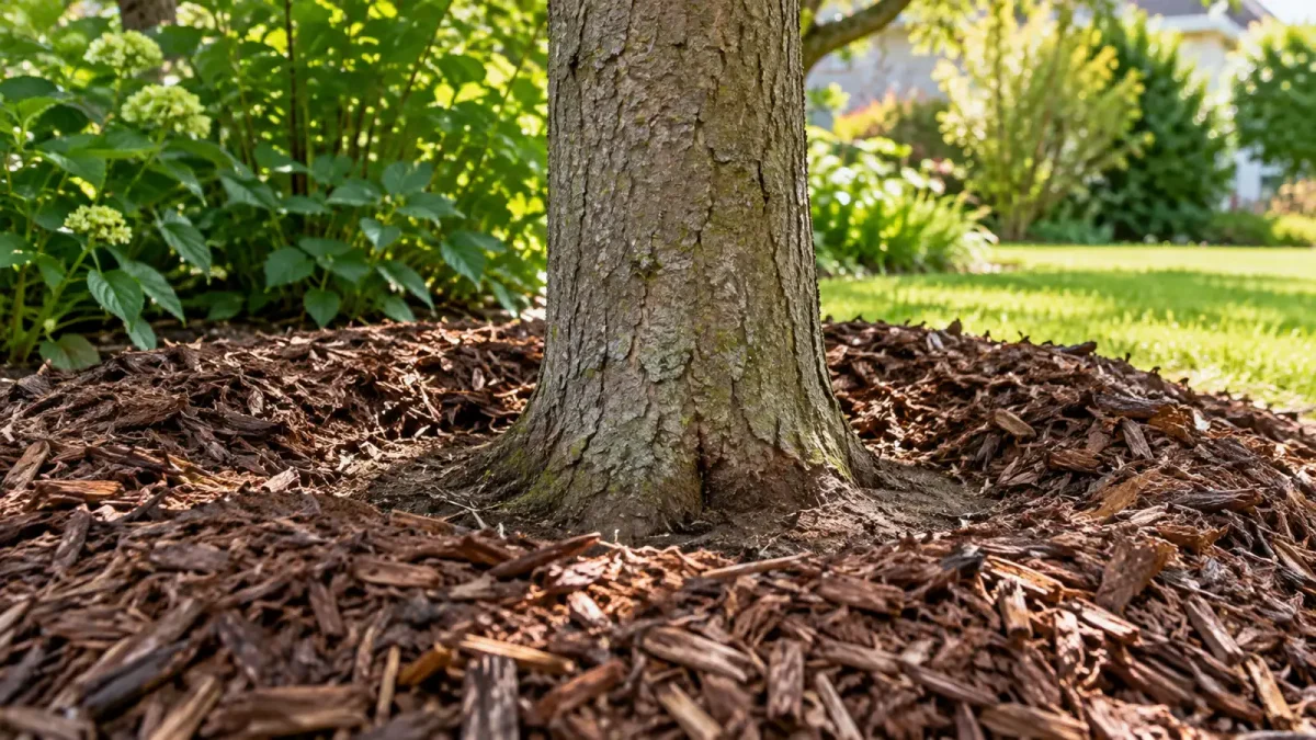 Paillage autour d’un arbre avec la base du tronc laissée dégagée.