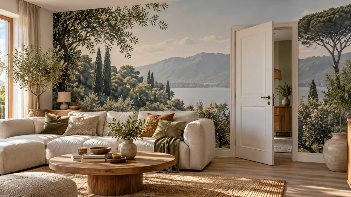 Papier peint panoramique posé sur un mur avec une porte et un meuble devant le décor.