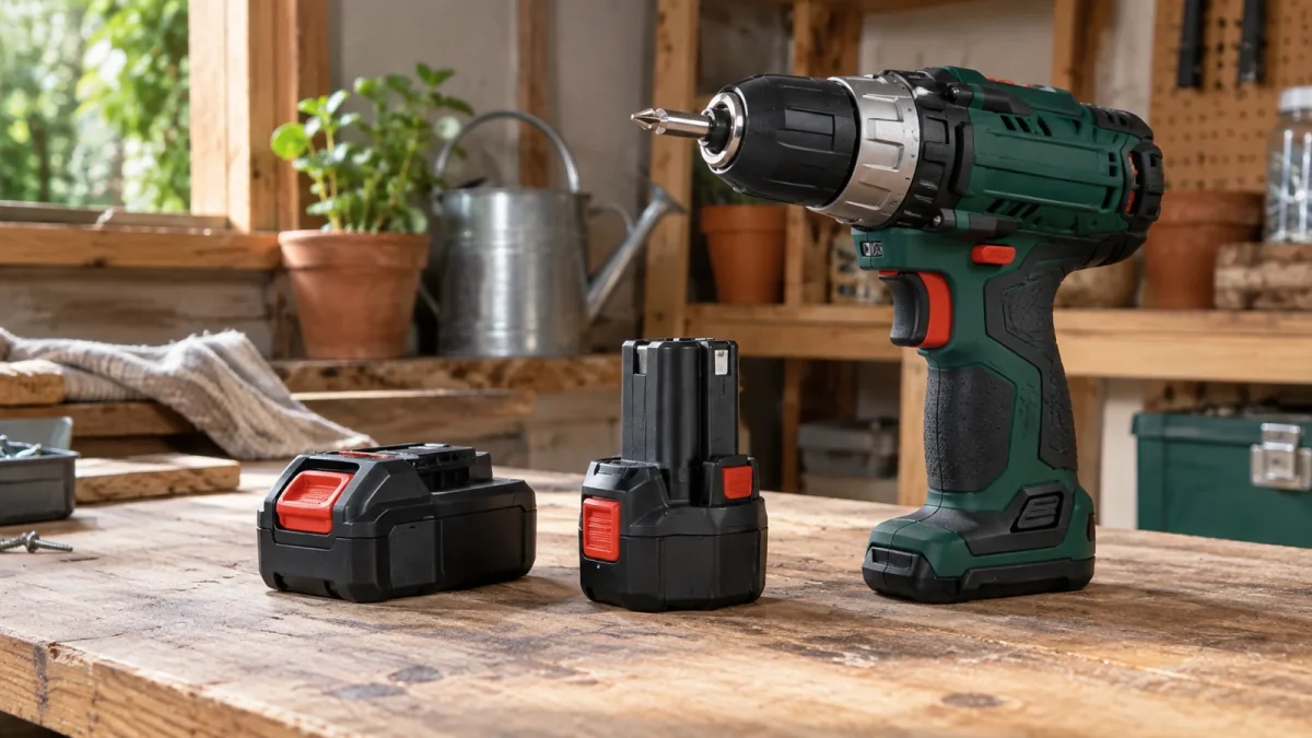 Deux formats de batteries d’outillage près d’une perceuse verte et noire sans marque visible.
