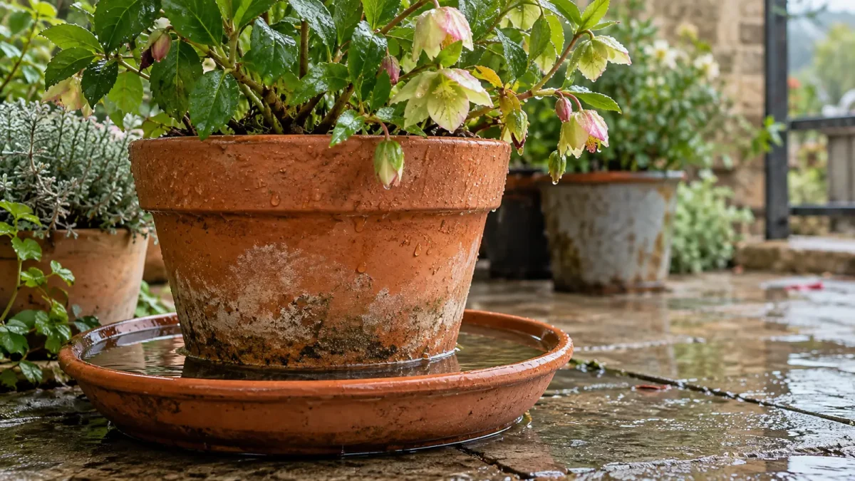 Pot en terre cuite posé dans une soucoupe contenant de l’eau après la pluie.
