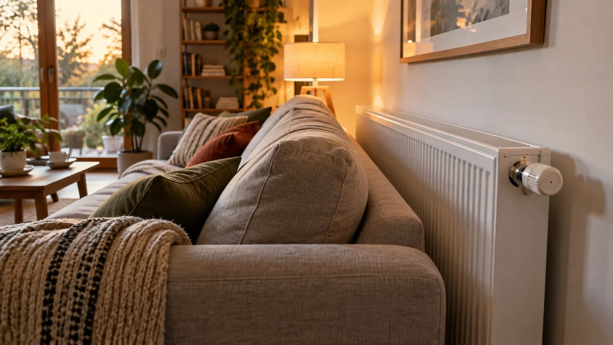 Canapé placé devant un radiateur mural dans un salon lumineux.