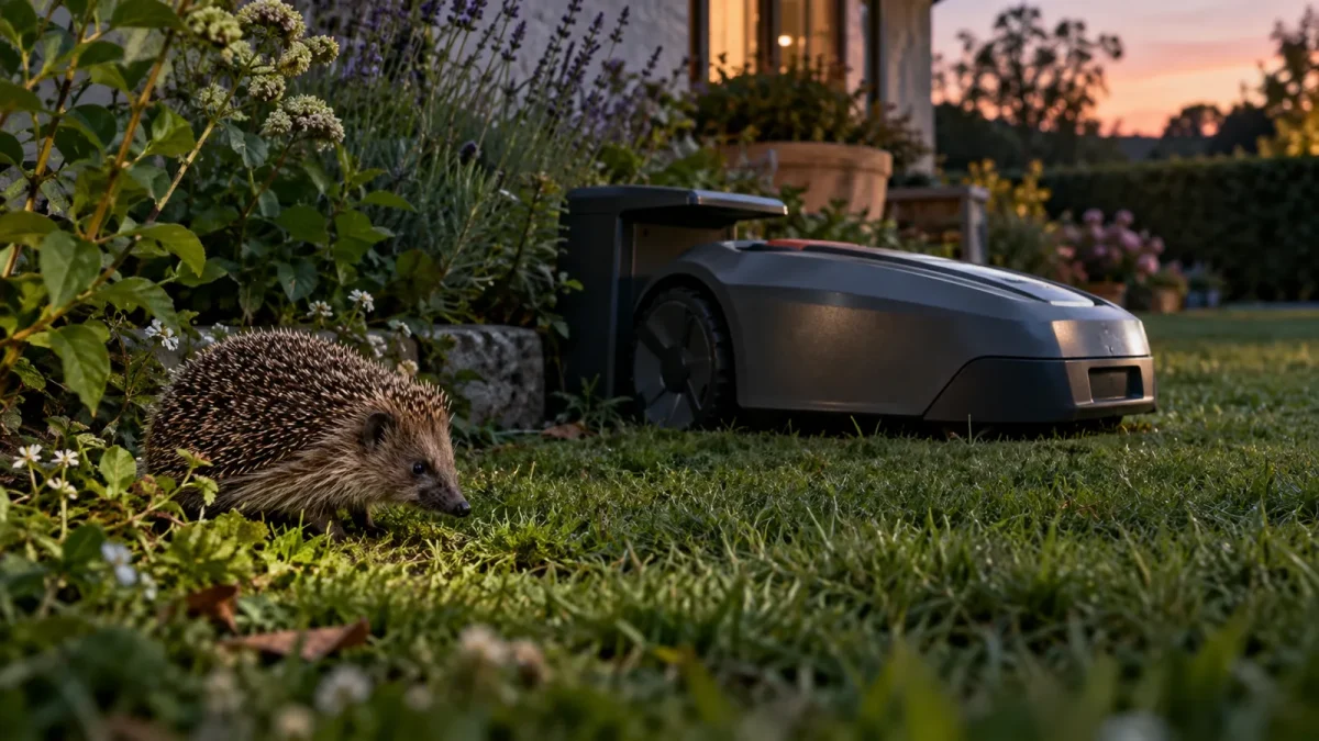 Hérisson près d’un robot tondeuse stationné dans un jardin au crépuscule.