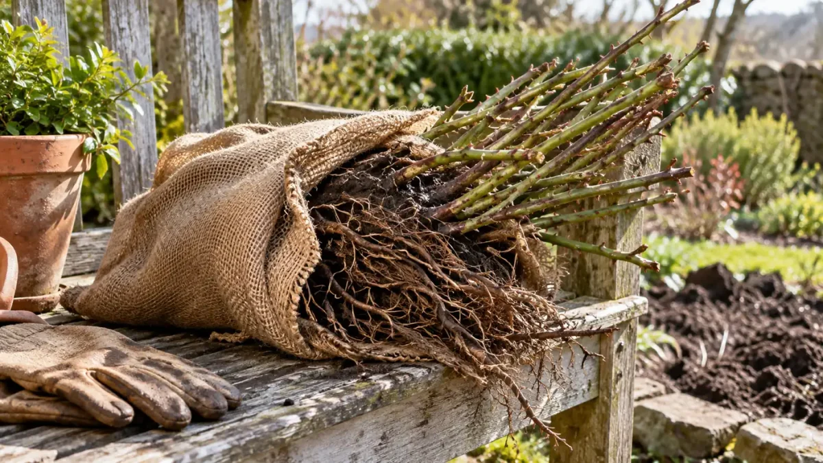 Rosier à racines nues posé sur une toile humide près d’un banc de jardin.
