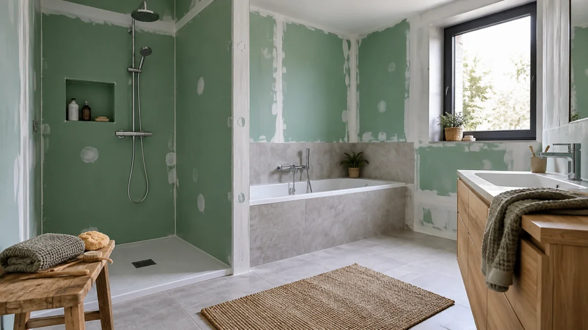Plaques vertes pour locaux humides et mur de douche en cours de rénovation.