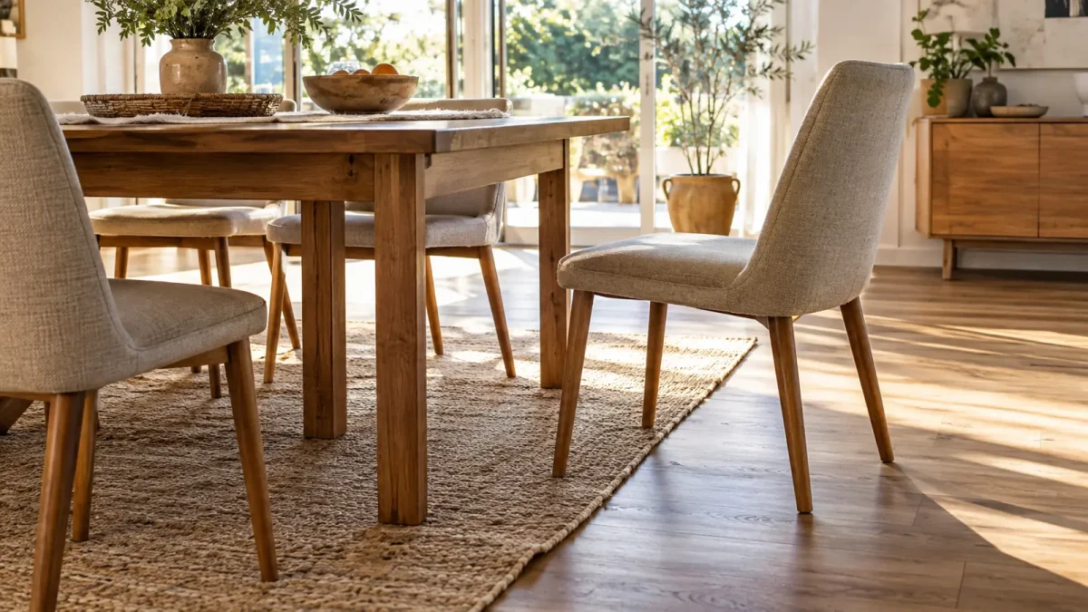 Table de salle à manger sur un tapis avec une chaise reculée près du bord.