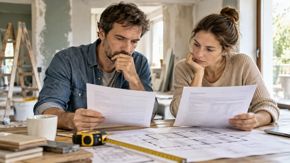 Deux devis de rénovation et un plan examinés sur une table de chantier.