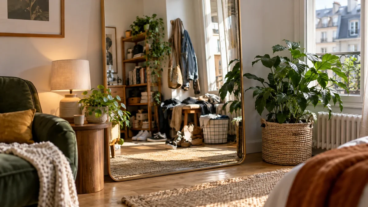 Grand miroir dans un salon reflétant une fenêtre et une partie du mobilier.
