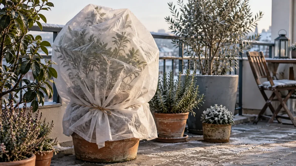 Plante en pot protégée par un voile respirant sur un balcon froid.