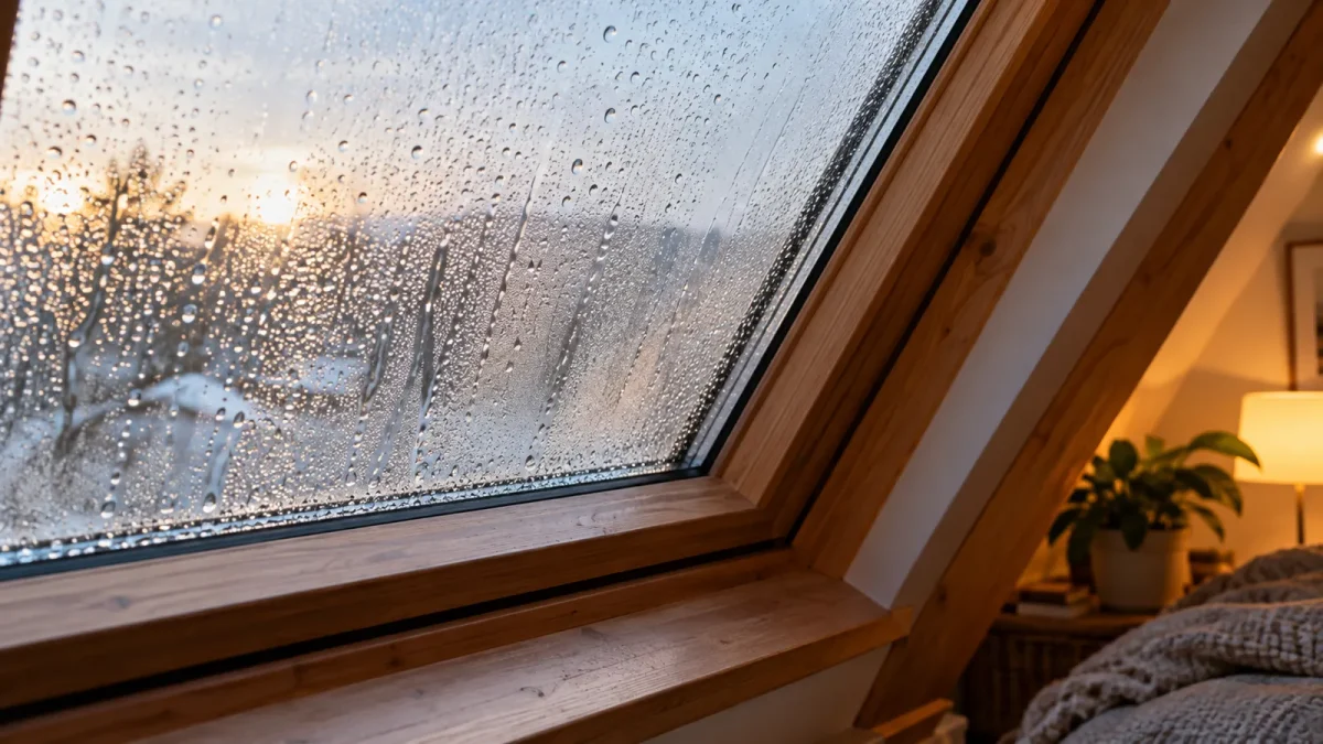 Gouttes de condensation sur une fenêtre de toit dans une chambre sous combles.