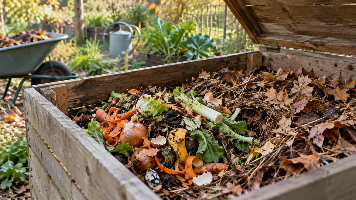 Composteur ouvert avec des déchets végétaux humides et une réserve de feuilles sèches.